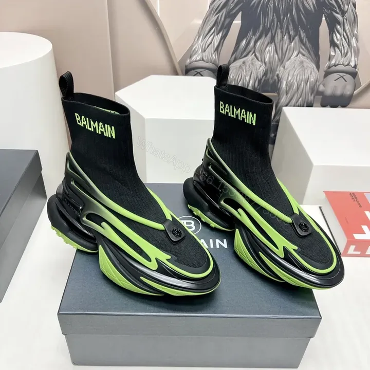 View 1 of Neon Balmain Knit-Top Sneakers: Luxe Sport High-Tops