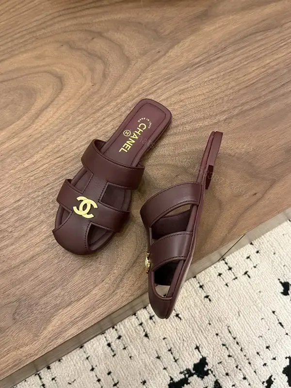 View 1 of Brown Leather Sandals, Gold CHANEL Logo, Slides, Open-Toe Style