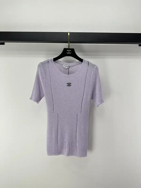 View 1 of Soft Lilac Knit Tee: Subtle Emblem, Effortless Luxury Top