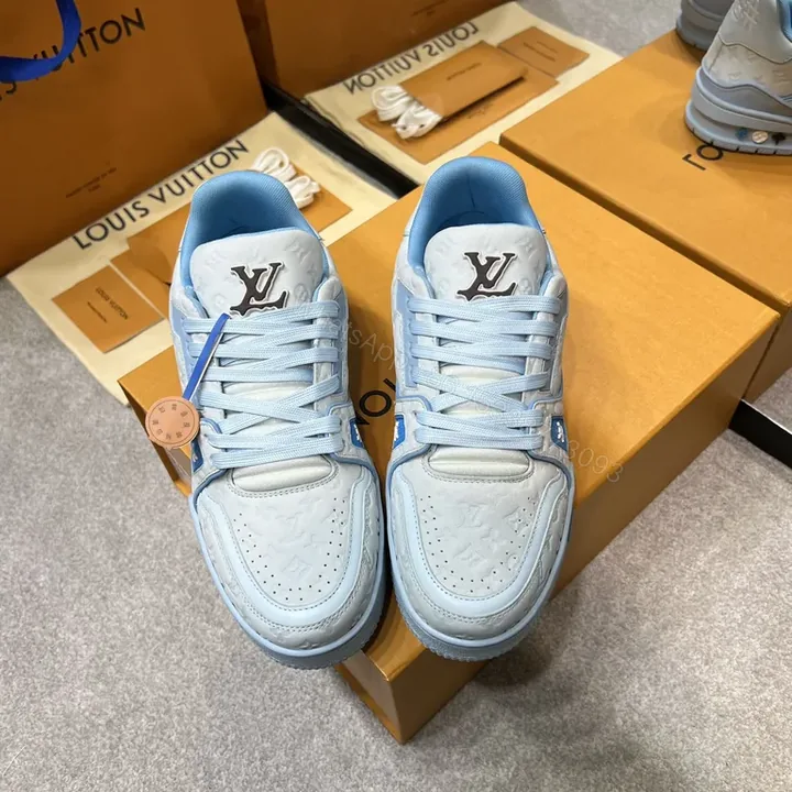View 1 of Light-Blue LV-Infused Low-Top Sneakers: Couture-Elevated Comfort