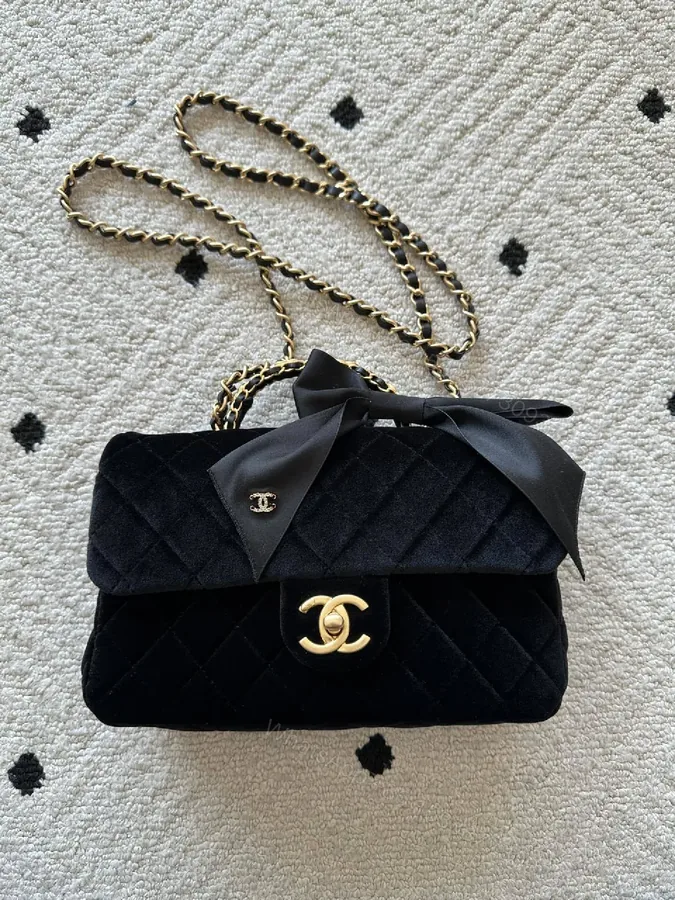 View 1 of Chic Quilted Black Velvet Bag with Ribbon Accent Milesight-style Luxe Bag