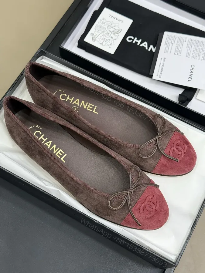 View 1 of Two-Tone Burgundy Suede Ballet Flats with Bow and Embossed Toe
