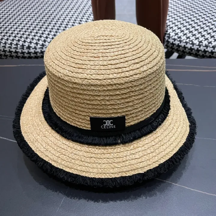 View 1 of Natural Straw Hat - Handwoven, Fringe Trim, Coastal Luxe