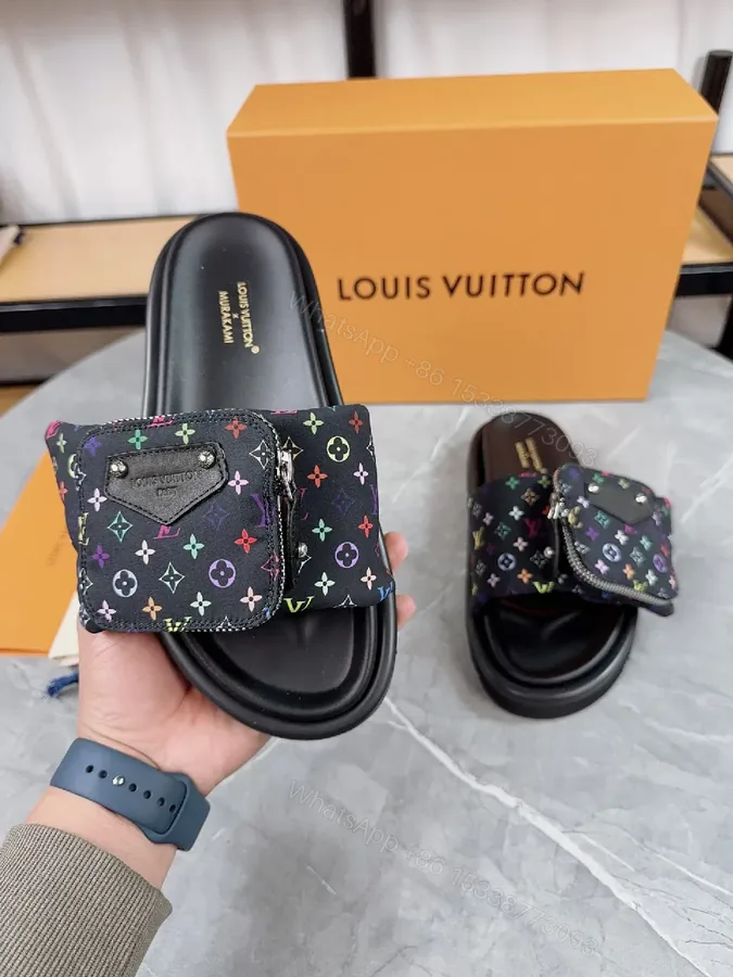 View 1 of Multicolor LV-Inspired Slide Sandals with Cushioned Footbed