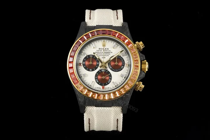 View 1 of Rolex Daytona 40mm Carbon Fiber Dial Rainbow Bezel White Strap Watch RLX-DAY-CARBON-40-RBW-WHT