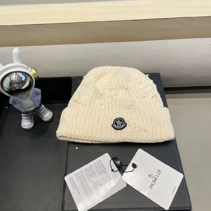 View 1 of Cream Knit Beanie, Cream, Cable-Knit, Signature Emblem, Beanie