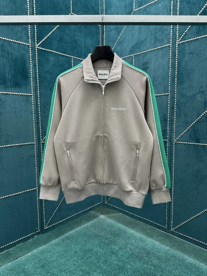 View 1 of Grey + Soft Grey Fabric + Track Jacket + Green Stripe Detail + Product Type
