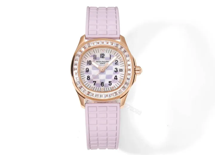 View 1 of Patek Philippe Aquanaut Mechanical Women’s Watch Pink Rubber Strap Rose Gold Case Diamond Bezel