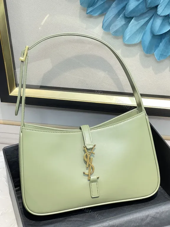 View 1 of Deep Green Leather Rectangular Bag with Gold YSL Logo