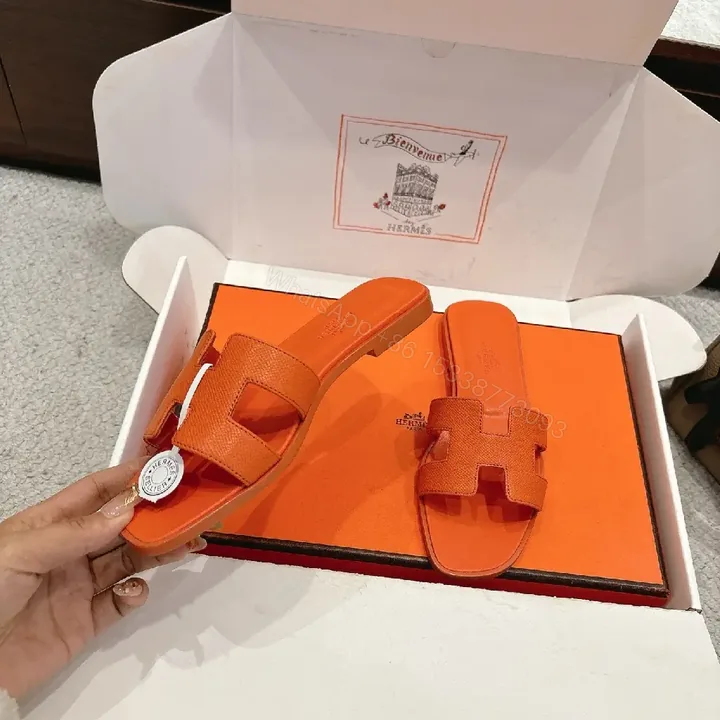 View 1 of Orange Leather Minimalist Slide Sandals - All-Day Comfort