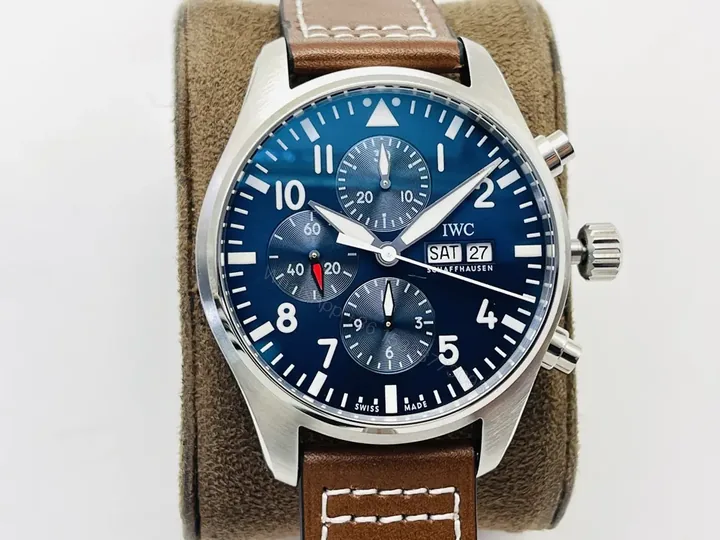 View 1 of IWC Blue Brown Pilot Chronograph Blue Dial Leather Strap Ultimate 43MM IWC-PILOT-CHR-BLU43-L