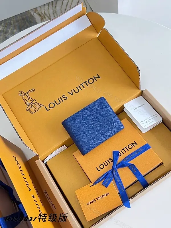 View 1 of Rich Royal Blue Leather Wallet Bi-fold with Orange LV Gift Box