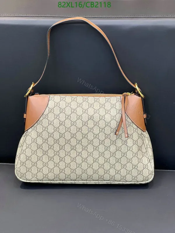 View 1 of Medium Gucci GG Emblem Fake Bag with Leather Brown Trim MBL493