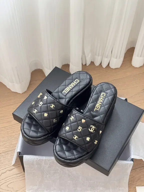 View 1 of Chanel-Inspired Quilted Slide Sandals with Gold Accents