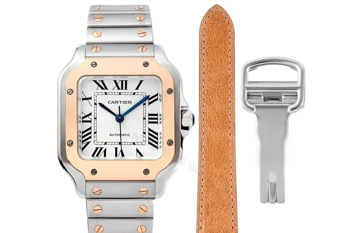 View 1 of JF Factory Santos de Cartier Women’s Watch – Stainless Steel and Rose Gold Case, White Roman Dial, Blue Steel Hands, Sapphire Crystal, Interchangeable Stainless Steel and Leather Straps, QuickSwitch System, 35.1mm, 100m Water Resistant