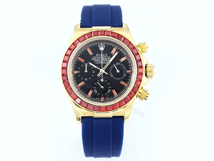 View 1 of Rolex Daytona Ruby Blue Strap Replica 43MM Exclusive Gold Case Edition RG-ROLEX-DAYTONA-RUBY-BLUE-43
