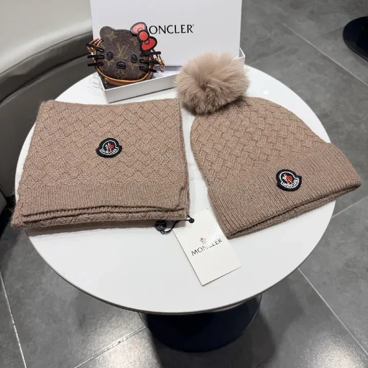 View 1 of Camel Knit Set: Plush Beanie & Scarf with Crest Detailing