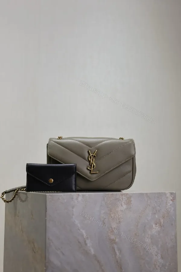 View 1 of Taupe Grained Leather Quilted Shoulder Bag with Gold Hardware