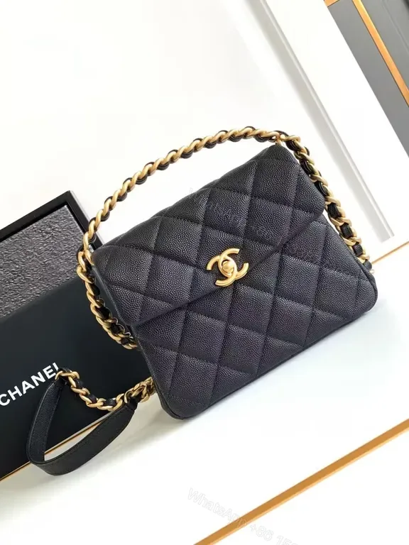 View 1 of Charcoal Calfskin Quilted Flap Bag with Gold Chain