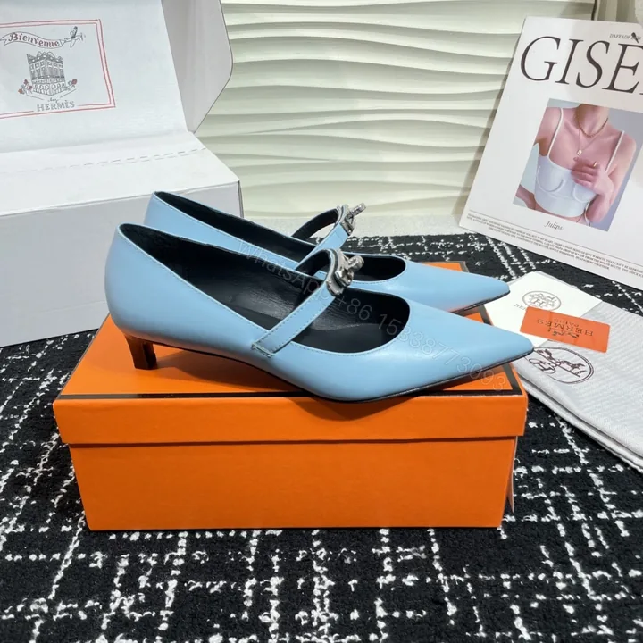 View 1 of 高仿Hermes*Kelly系列H251007Z07小牛皮高踭鞋藍色4CM免檢版