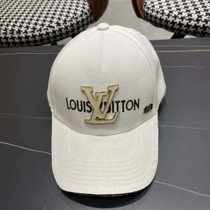 View 1 of Textured Cotton LV Cap: Gold Emblem Luxury Baseball Hat