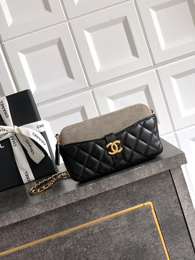 View 1 of Quilted Leather Shoulder Bag: Gold Emblem, Two-Tone