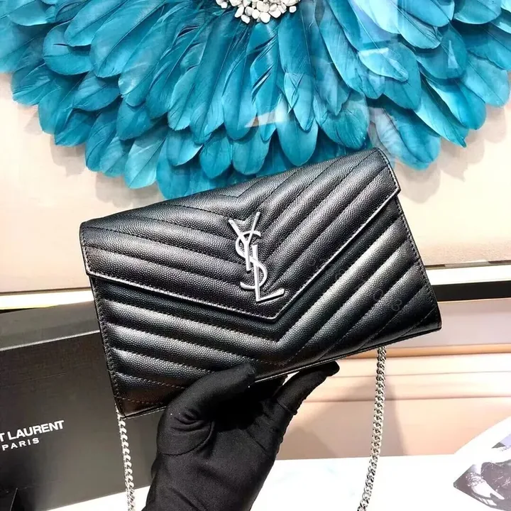 View 1 of Quilted Leather Wallet on Chain â€” Black, YSL-Inspired Luxury