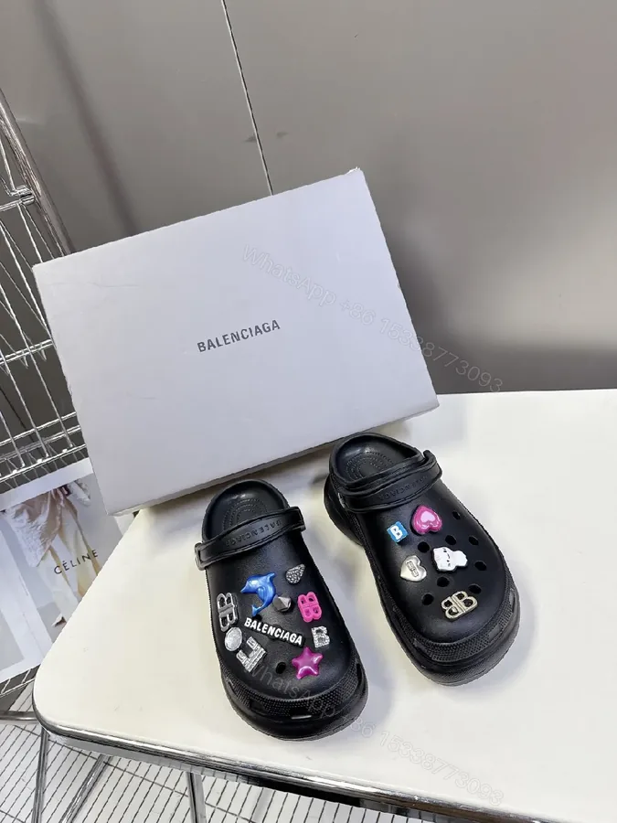 View 1 of Bold Black Faux Leather Clogs with Enamel Charms, All-Day Comfort