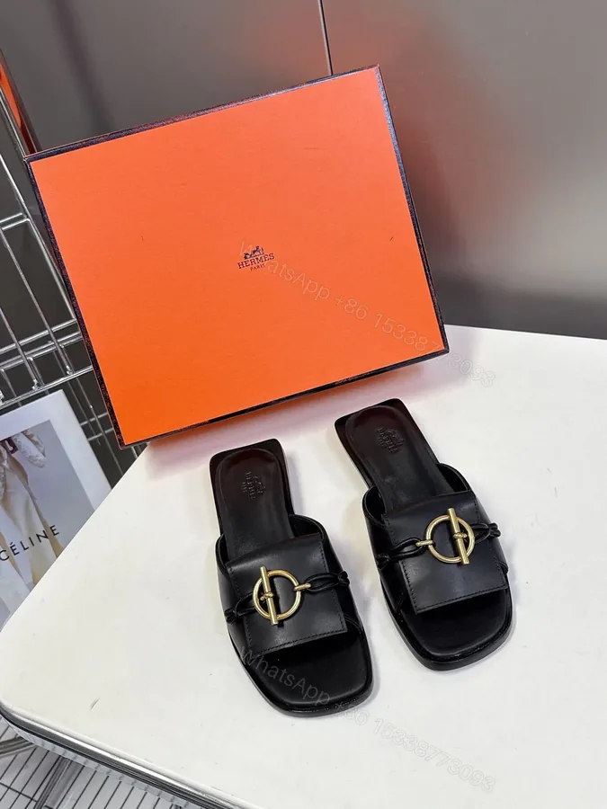 View 1 of Hermes Women Black Leather Slippers