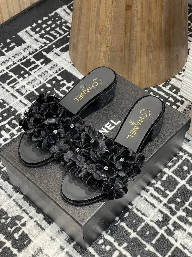 View 1 of Velvet Petal Slip-Ons: Black Crystal-Embellished Slides