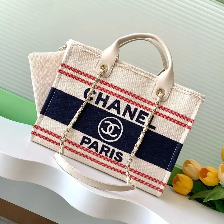 View 1 of CHANEL SHOPPING BAG 34 IN WHITE RED AND NAVY BLUE CANVAS