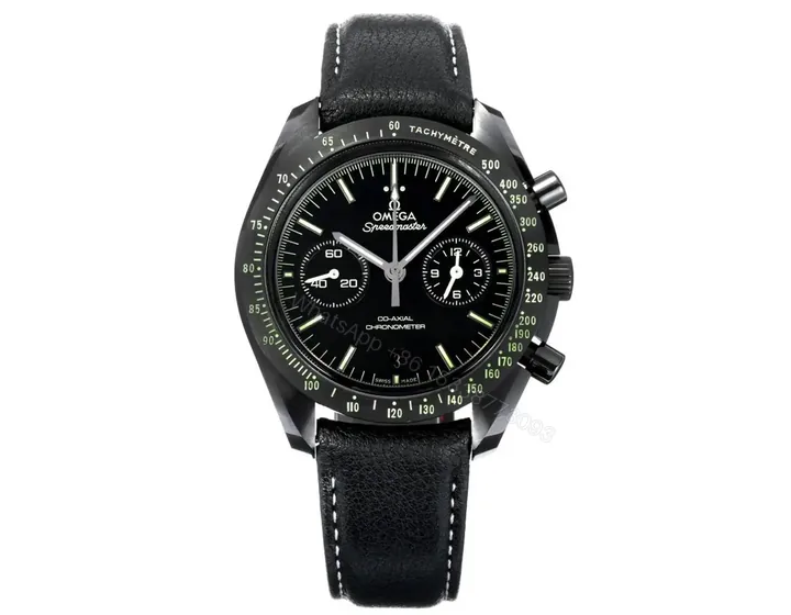 View 1 of Omega Dark Side of the Moon Series Full Ceramic Black Chronograph Watch with Black Leather Strap