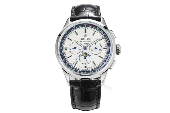 View 1 of V9 Factory Breitling Premier Series White Dial Black Leather Strap Chronograph Watch