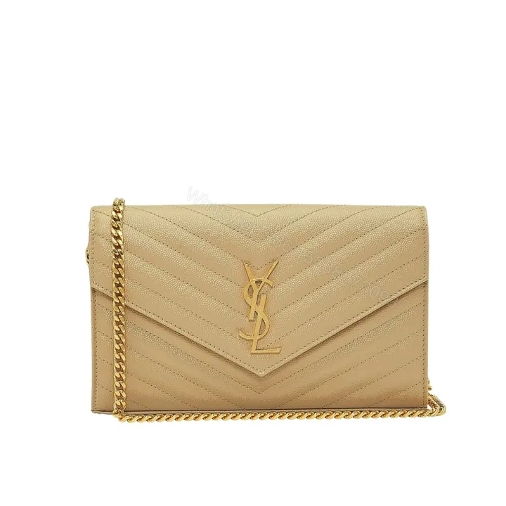 View 1 of Saint Laurent Cassandre Matelassé Chain Wallet In Grain De Poudre Embossed Beige 22Cm