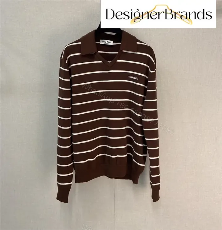 View 1 of Warm-Brown Ivory Striped Polo Knit: Lightweight, Structured Comfort