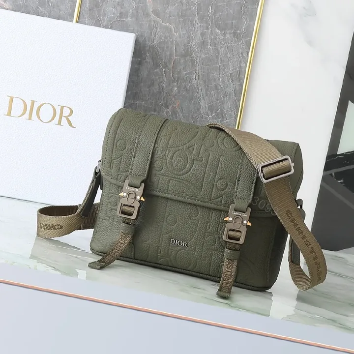 View 1 of Olive Green Compact Leather Messenger Bag with Monogram