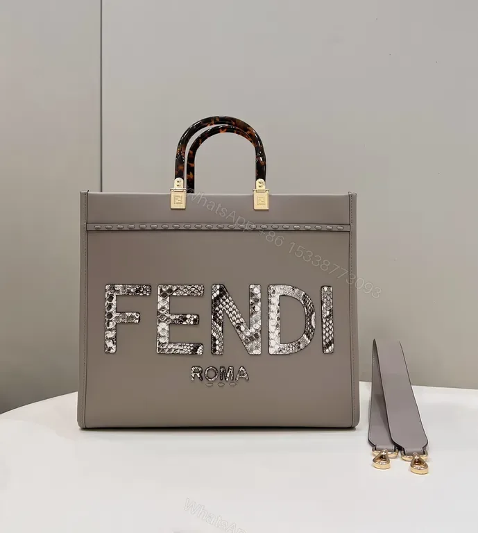 View 1 of Taupe Structured Tote with Fendi Flair â€” Crystal Logo Carryall