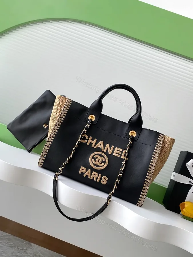 View 1 of Black Canvas Tote, Gold-Threaded Chain, Luxe Texture Bag