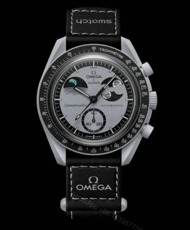 View 1 of First Copy Omega Speedmaster Moonphase Chronograph Automatic Watch With Black Leather Strap And Premium Finish