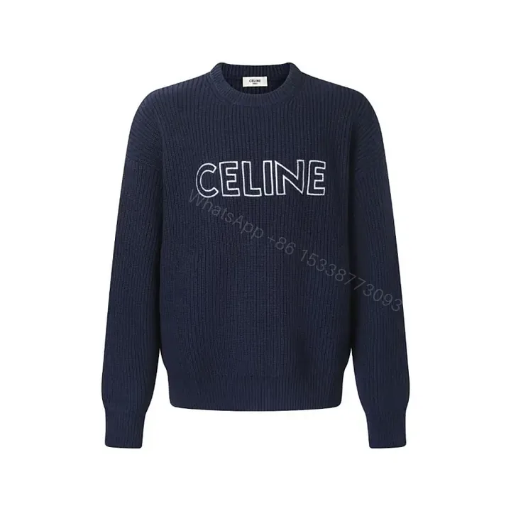 View 1 of Navy Knit Crew with Bold CELINE Script - Luxe Everyday Comfort