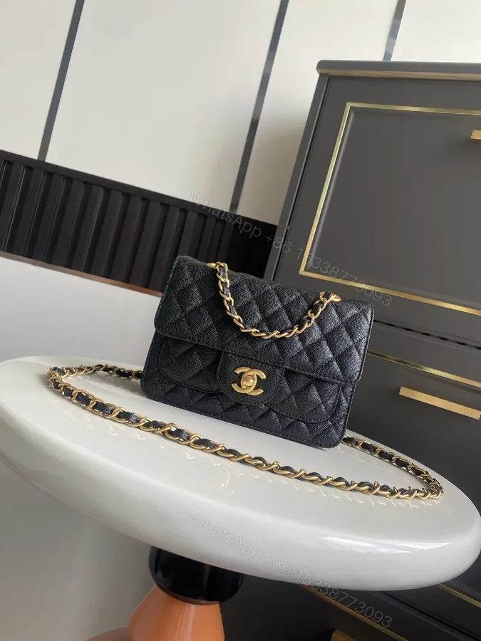 View 1 of Black Quilted Flap Bag with Gold Chain - Timeless Luxe Signature