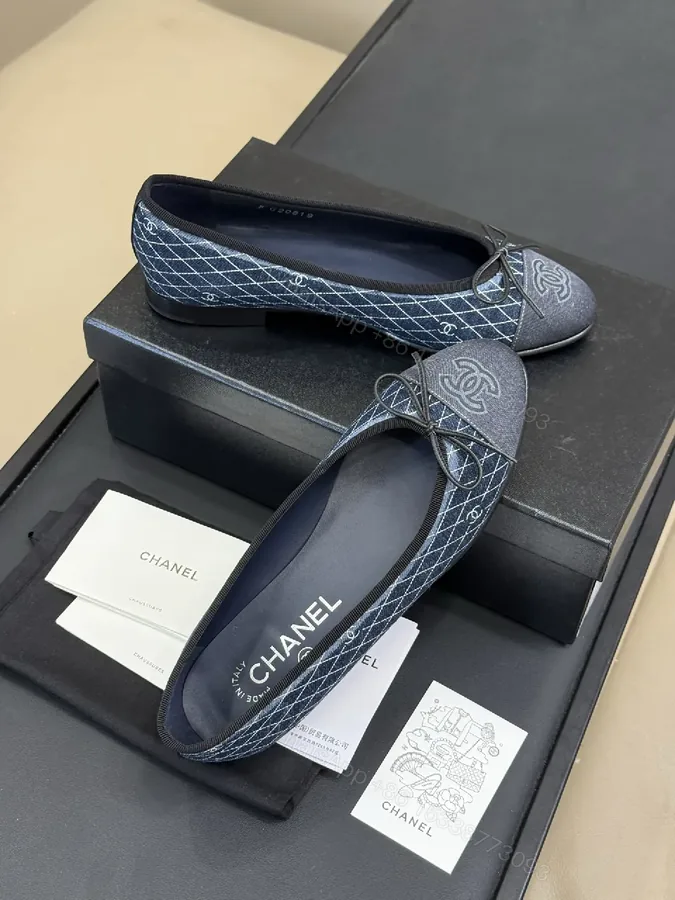 View 1 of Denim-Textured Ballet Flats with Monogram Detailing