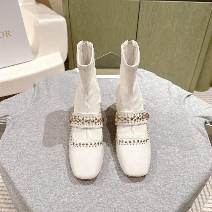 View 1 of 高仿Dior*Belle-D系列KCT064柳釘拉鏈短靴4CM白色免檢版