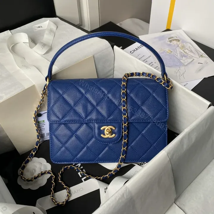 View 1 of Blue Quilted Mini Bag with Gold Hardware - Luxury Caviar Leather Style