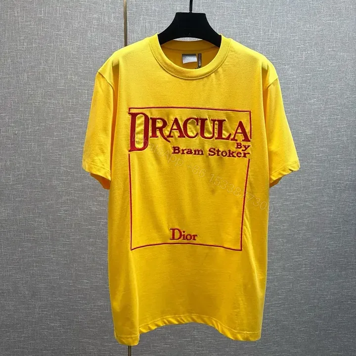View 1 of Yellow Cotton T-Shirt with Dracula Print, Dior Brand Style, Graphic Tee