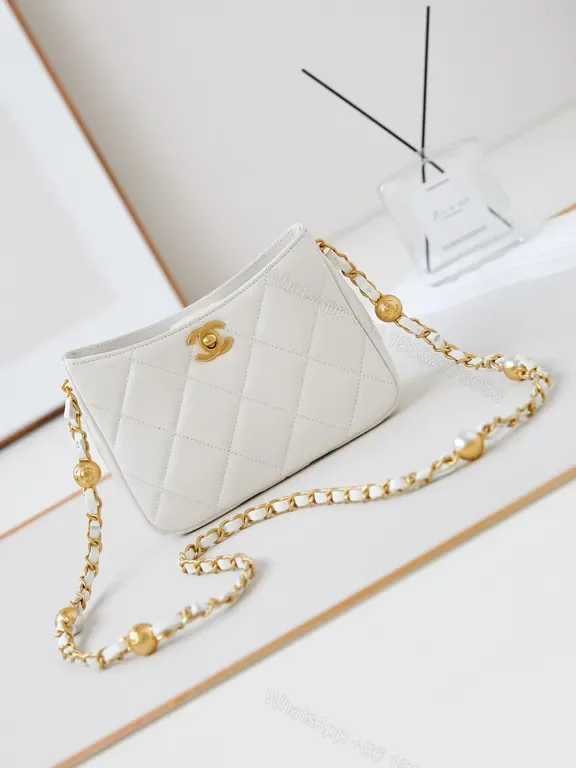 View 1 of White Quilted Mini Crossbody with Gold Chain, Luxe Calf Leather Bag