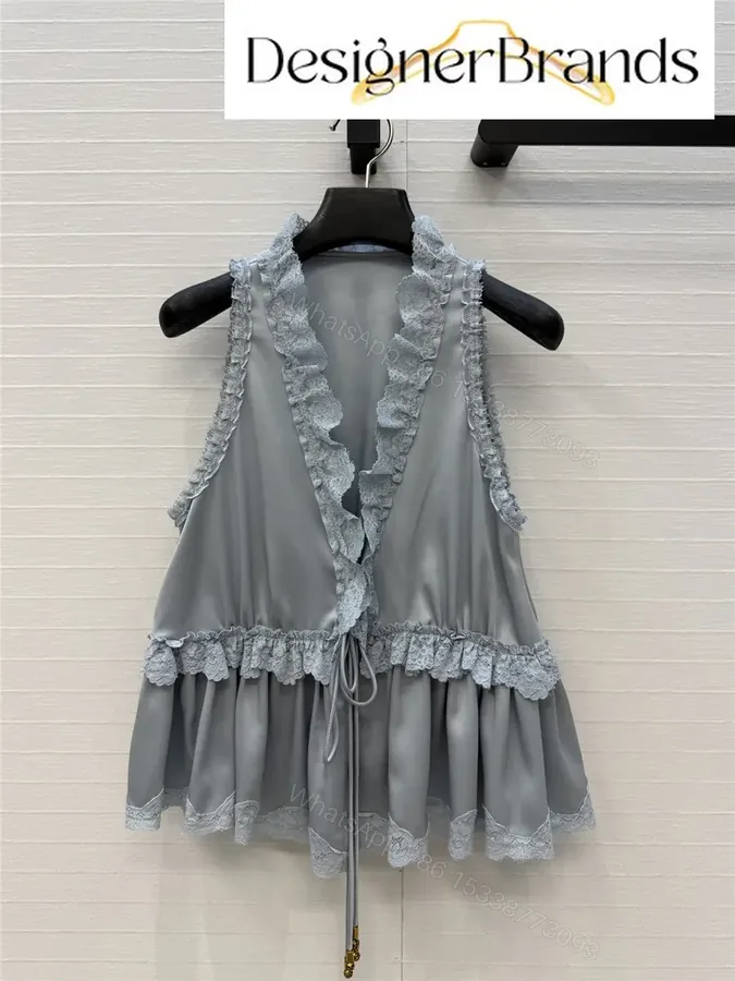 View 1 of Chloe Blue Silk-Satin Top with Lace Trim