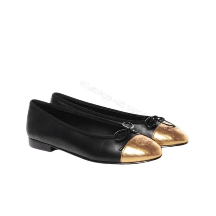 View 1 of Chanel Cap Toe Ballet Flats Black Gold