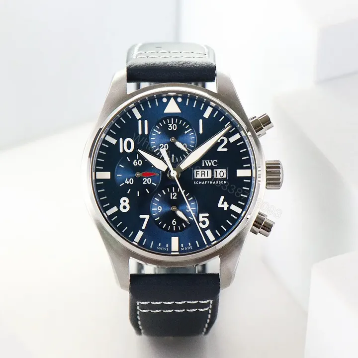 View 1 of IWC Pilot Chronograph Watch Blue Dial Black Leather Strap Ultimate 43MM IW3780031