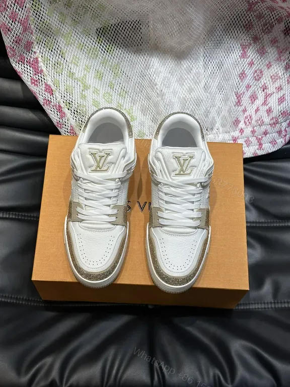 View 1 of White Leather Sneakers with Gold Accents, Perforated Toe, LV Logo